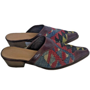 Kilim Art 100% Red Blue Aztec Wool Tapestry & Leather Slide Mule Shoes Women's 6